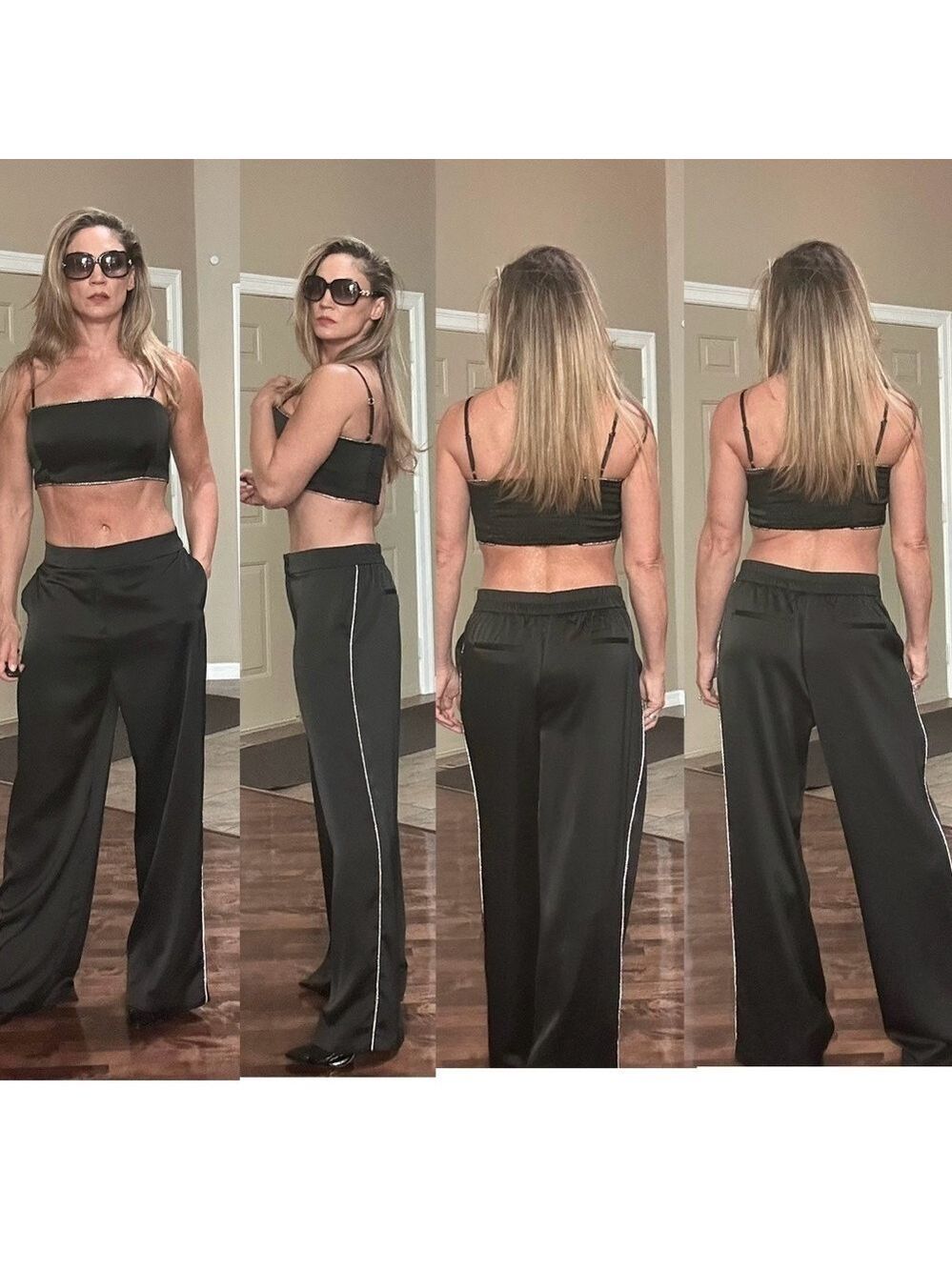 Rachel Zoe black satin effect crystal rhinestone trim crop top & trouser set 12